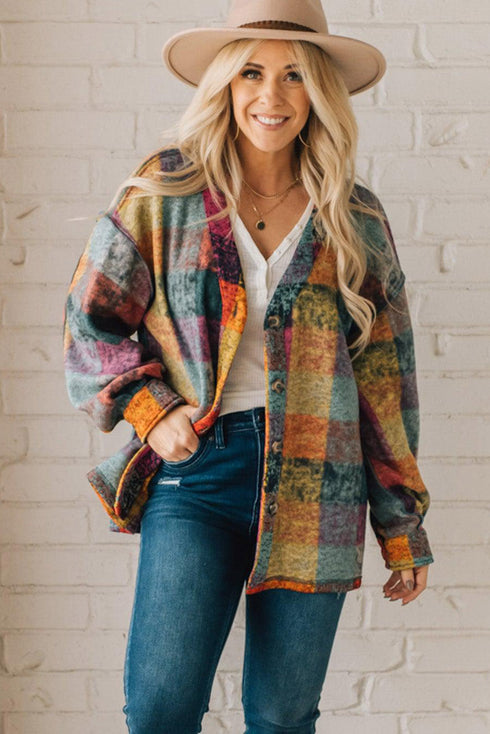 Multicolor Brushed Checked Western Buttoned Jacket